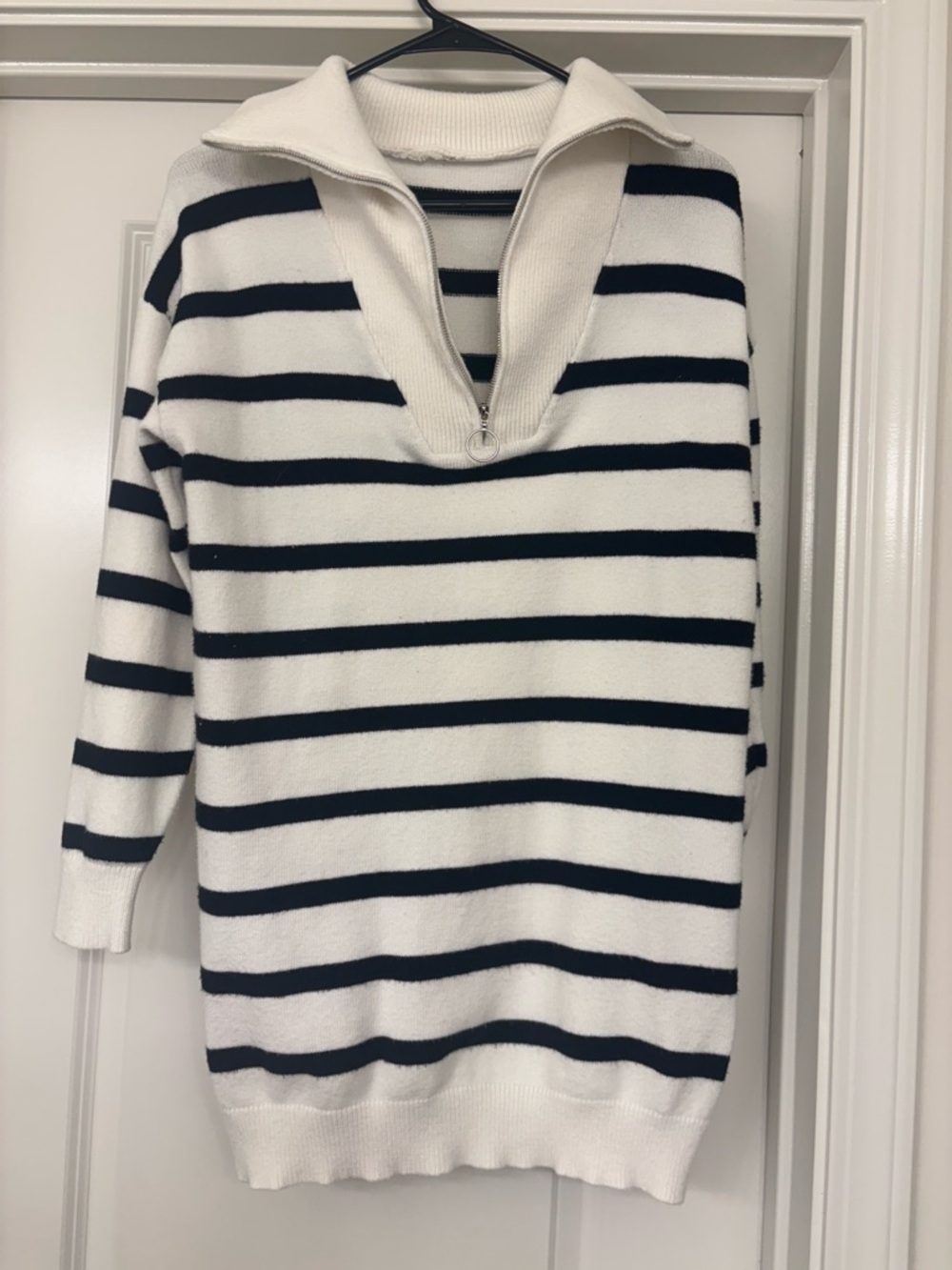 Striped Half-Zip Mini Dress in White & Navy